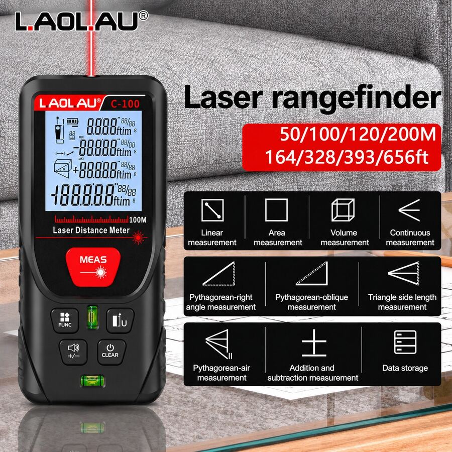 L.A.OL.A.U LAOLAU 50M/100M/200M Laser Distance Meter, ±1mm High Accuracy Laser Measure Tool With Backlit LCD Display, 30 Data Storage, Multiple Measurement Modes, Portable Digital Laser Rangefinder For Home, Construction & Interior Measurement - One Size Fits All - View 1