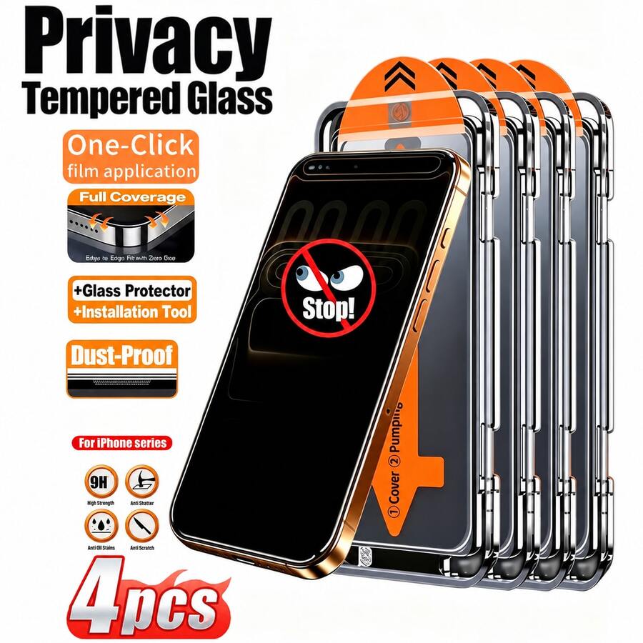 CASECOPS 4Pcs Anti-Spying Privacy Tempered Glass Screen Protector, With Automatic Mounting Tools And Automatic Alignment Tools, Compatible With IPhone 17 Pro Max/17 Air/17/16 Pro Max/16/16e/15 Pro Max/15 Pro/15/14/13/13 Pro/12/11/Xr/X, 9H+ Hardness, Full Coverage, Anti-Scratch, Anti-Fingerprint, No Bubbles, Easy To Install, Suitable For Phone Cases And Accessories - 4Pcs - View 1