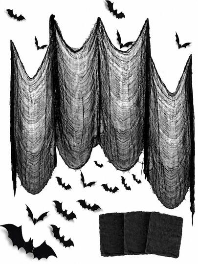 1/3pcs Halloween Black Gauze Horror Fabric, Scary Spider Web Fabric Curtain, Horror Hanging Decoration, Suitable For Haunted House Party, Door Wall Window Background Decoration, Indoor Outdoor Halloween Home Decor