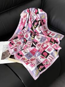 Cute Cat Print 90cm Silk Feeling Satin Square Scarf Light Green Summer Spring Fashion Shawl Wrap For Women Girls - Pink - View 2