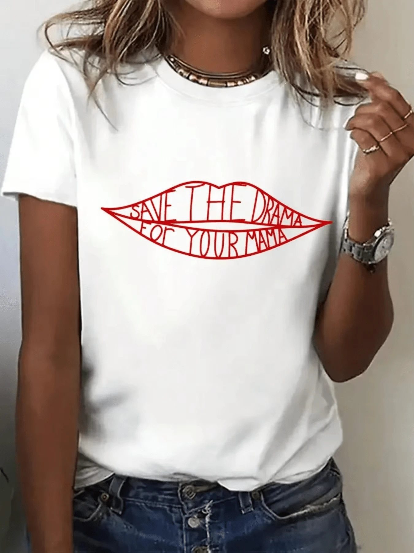 Save The Drama For Your Mom, Printed Round-Neck Short-Sleeve T-Shirt. - 白色 - 查看 1