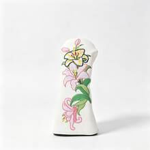 Lily Flower Embroidered Golf Club Head Cover, Wear-Resistant Waterproof PU Fabric, Wood Club Head Protective Cover, Golf Accessories - White - View 8