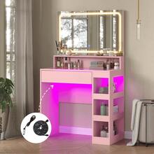 CollaredEagle Tocador con espejo iluminado y toma de corriente, espejo LED de vestidor para dormitorio con regulación continua y 3 modos de color ajustables, tapa de vidrio templado LED, estantería de gran capacidad de almacenamiento - Rosa - Ver 8