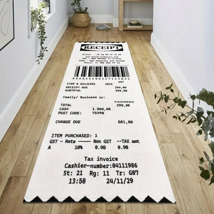 1pc Creative Shopping Receipt Shaped Floor Mat, Long Receipt Design Soft Skin-Friendly Bedroom Bedside Blanket, Living Room Entryway Decorative Mat, Bedroom/Living Room Fun Style Floor Mat, Decorative Carpet, Bedroom Decor, Small Rug, Carpet, Home Decor, Living Room Small Rug, Bedroom Carpet, Washable Carpet - Multicolor - View 1