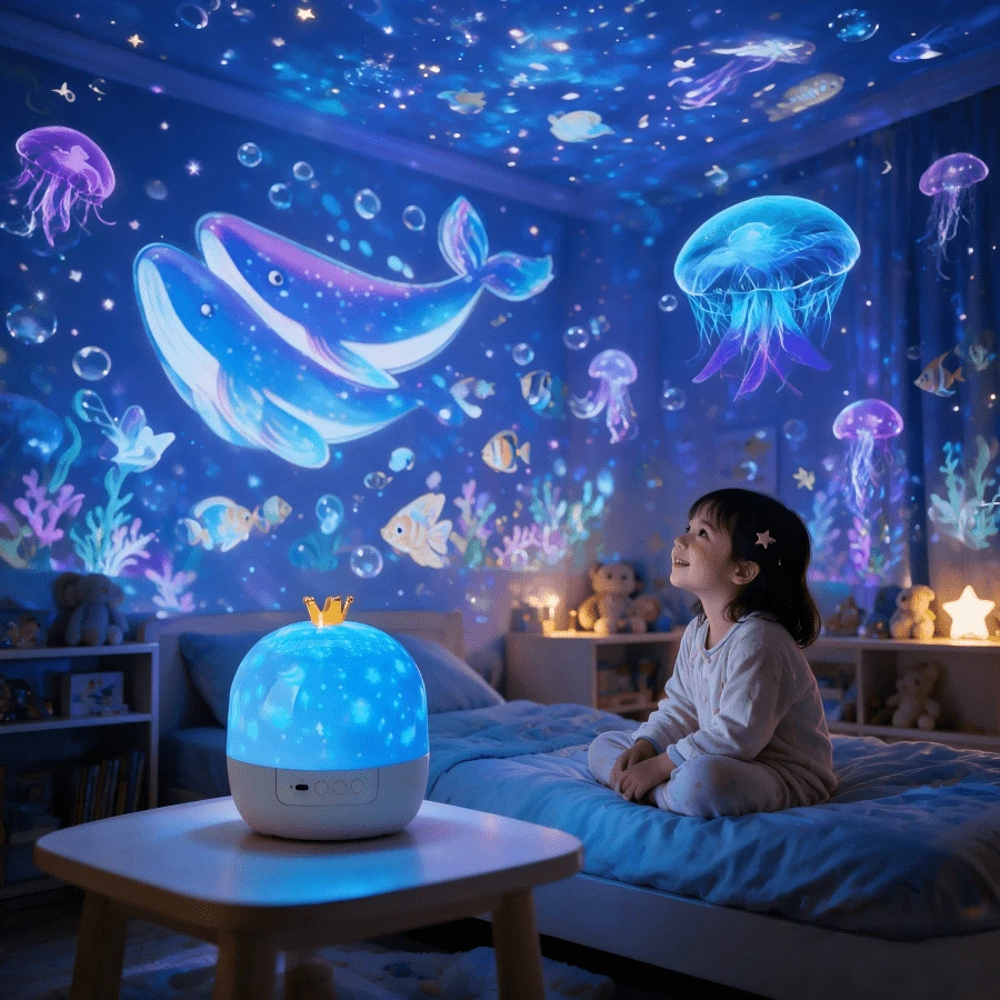 皇冠星空投影小夜燈 360°旋轉 LED燈條附15款幻燈片 USB供電臥室裝飾燈 適合兒童生日禮物