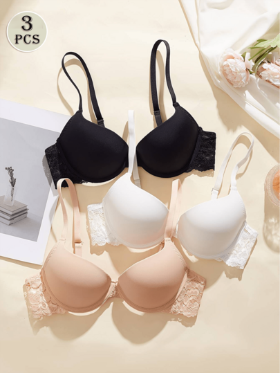3pcs/Pack Bra Berkawat dengan Motif Renda, Cup Tipis Halus dengan Tali Bahu Tipis yang Dapat Diatur, Pakaian Dalam Dasar Wanita untuk Sehari-hari