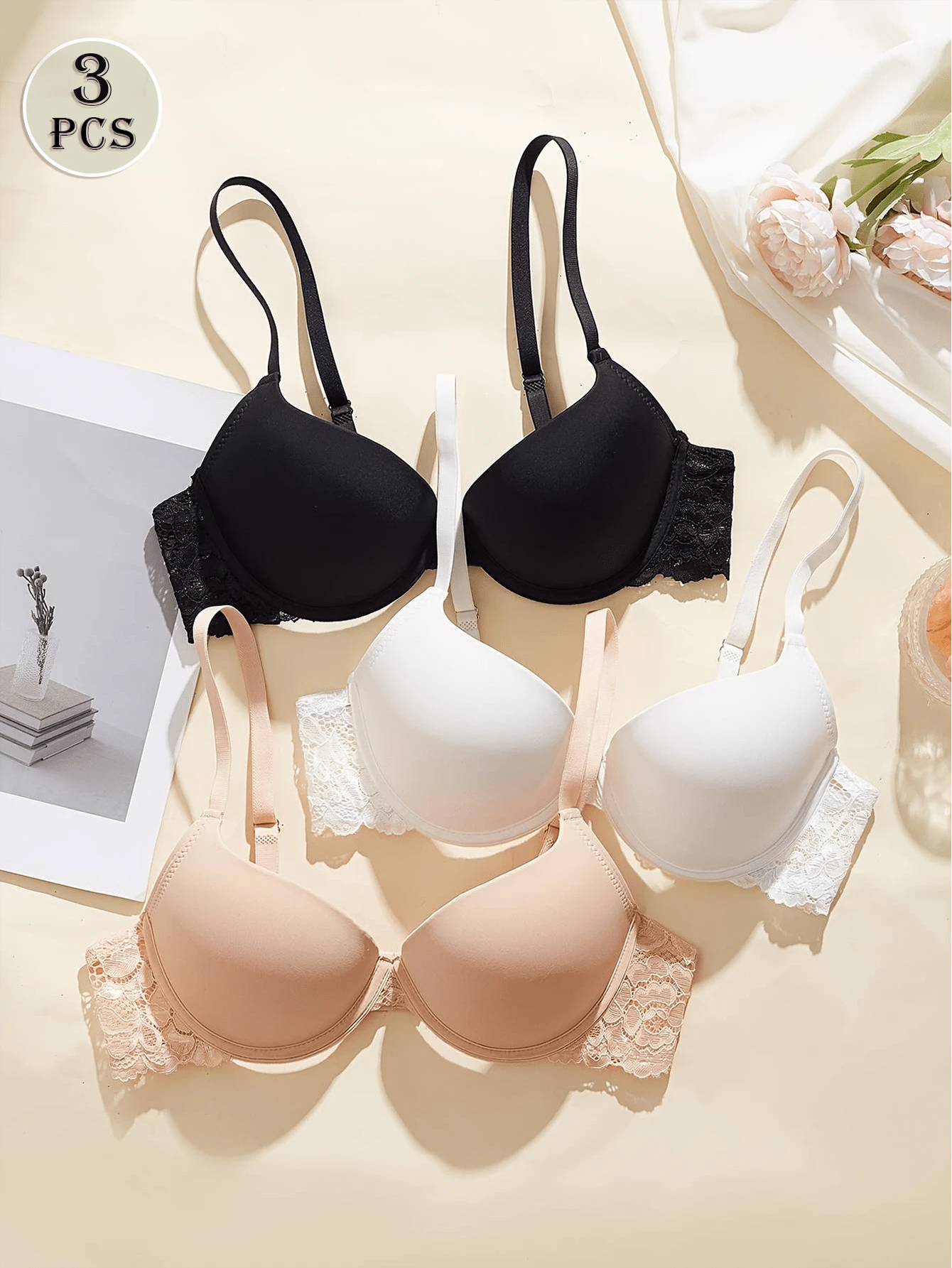 3pcs/Pack Bra Berkawat dengan Motif Renda, Cup Tipis Halus dengan Tali Bahu Tipis yang Dapat Diatur, Pakaian Dalam Dasar Wanita untuk Sehari-hari - MultiWarna - View 1