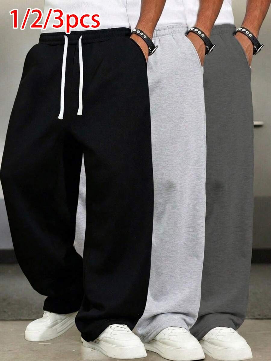 Men's Wear; 3 Pairs Of Loose Fashionable Sports Long Pants, Minimalist Solid Color Wide Leg Fit, Drawstring Waist Design, Large Pockets, Unisex Style, Suitable For Daily Walking, Work, Travel, Watching World Cup And Other Occasions. Perfect Father's Day Gift For Dad - Multicolor - View 1