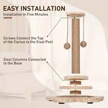 Cat Scratching Post, Indoor Cat Interactive Furniture Toy, 4-In-1 Wooden Cat Scratching Toy,  High Scratching Post With 2 Horizontal Cat Ball Tracks, Kitten Activity Center For Indoor Kittens And Adult Cats - 木質色 - 查看 3