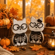 1/2pcs Vintage Distressed Wooden Cat Skeleton Decor, Farmhouse Style Halloween Tabletop Ornament, Suitable For Tiered Trays, Fireplace Mantels And Indoor Party Scenes - Multicolor - View 3