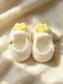 1 Pair Infant Girl Sandals, White Crochet Knit With Flower Pearl Embellishment, Soft Sole Infant Shoes - Yellow - View 6