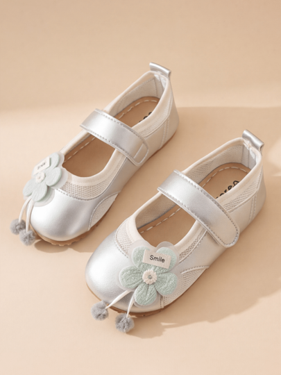 Hot-Selling 3-12 Years Silver Pom Pom Flower Children's Flat Shoes . Children's Hook And Loop Flat Shoes . Children's Princess Flat Shoes | Light Brown Rubber Flat Non-Slip Flexible Lightweight Comfortable For Long Walks . Fresh Pastoral Style | Birthday Party Short Trip Vacation Wear