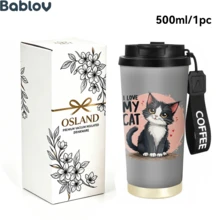 1/5pcs 18oz Stainless Steel Coffee Tumbler, Matte Grey I LOVE MY CAT Fluffy Black White Cat Cute Print Travel Mug, Multi-Function Flip Straw Lid, Black COFFEE Lanyard Strap, Ideal Gift For Cat Lovers Pet Owners Girls, Suitable For Home Travel Office - Kitten - View 4