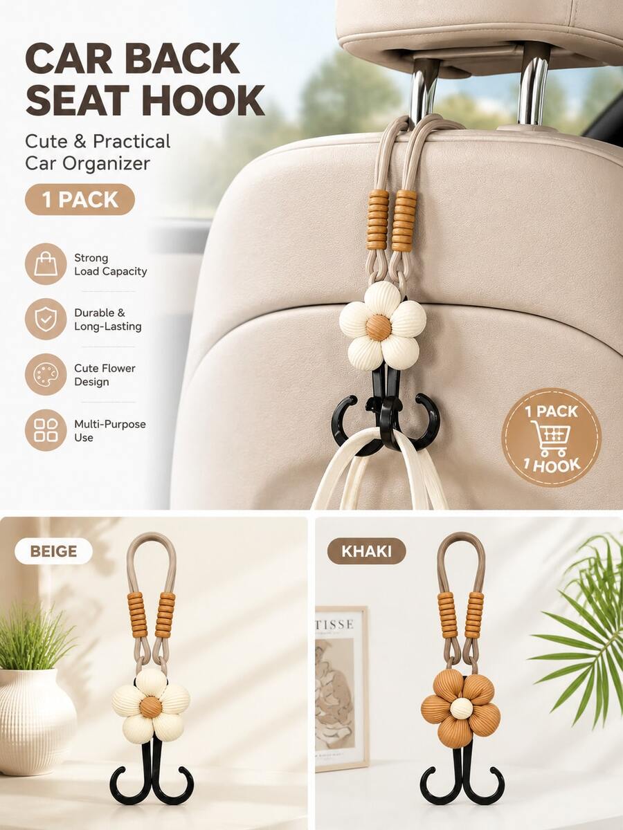 1PC Cute Flower Car Seat Headrest Hook Universal Back Seat Organizer Bag Holder Heavy Duty Car Interior Accessory Beige/Khak - Double Hook Multi-functional Car Seat Back Hook - View 1