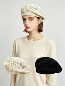 1 buah Topi Baret Rajut Tebal Gaya Vintage untuk Mahasiswa, Topi Hangat Berwarna Hitam Polos dengan Karet Elastis Lembut, Cocok untuk Remaja Putri di Kampus, Kencan, dan Jalan-jalan - Gaya 1 - View 2