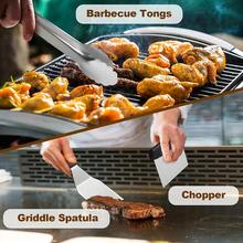 4pcs Stainless Steel Flat Top Grill Tool Set, Spatula, Scraper And Tongs Combination; Non-Slip Heat-Resistant Handle BBQ Cooking Accessories, Suitable For Grilling, Flipping, Mashing Ingredients, Perfect For Outdoor BBQ, Camping And Backyard Use - Non-Stick Griddle Cooking Tools, Griddle Scraper With Measurement - - - View 2