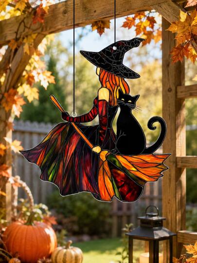 1pc Halloween Witch Black Cat Window Hanging Decoration, Colorful Translucent Witch Pendant, Witch Riding Broom Hanging Ornament, Black Cat Pumpkin Haunted House Theme Door Window Decoration Sign, Horror Party Wall Hanging Decor, Halloween Home Atmosphere Decoration Supplies, Living Room Bedroom Entryway Study Fireplace Mantel Decoration, Pumpkin Season Party Background Props, Witch Black Cat Ghost Theme Decoration