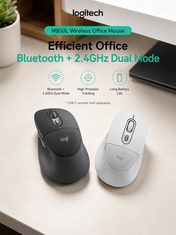 Logitech M850L 無線辦公室滑鼠，凹面設計，柔軟掌托，輕音點擊，長續航，多設備切換，適用於Windows，macOS，ChromeOS，Linux、iPadOS和Android設備