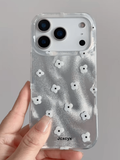 Aurora Laser Glitter White Flower Asymmetrical Water Ripple Glossy Soft Phone Case, Compatible With IPhone 17 Pro Max 17 Pro 13 14 15 16 Pro Max 17 16 15 13, Black Polka Dot Pattern Shockproof Back Cover