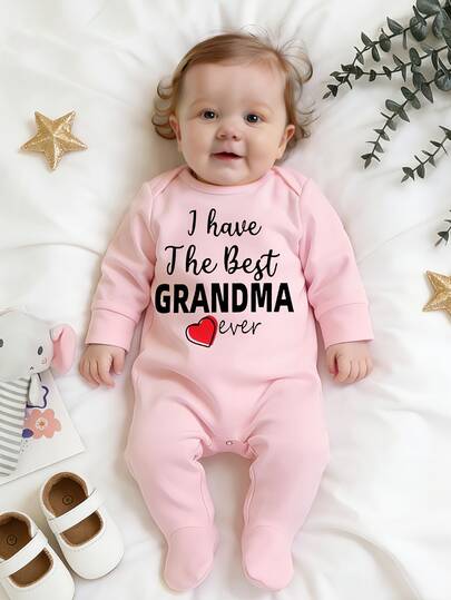 Unisex Baby Footed Romper I Have The Best Grandma Ever Red Heart Print Long Sleeve Newborn Footie Jumpsuit Infant Neutral Autumn One Piece Outfit