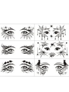 6pcs Gothic Spider Web Face Eyeliner Temporary Tattoo Stickers, Waterproof Halloween Bat Temporary Tattoos, Realistic Eyeshadow Makeup Stickers, Suitable For Halloween Party Holiday Cosplay Accessories - Black - View 3