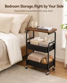 3-Tier Rolling Side Table With Tabletop & 2 Mesh Storage Baskets, Compact Mobile Utility Cart With 4 Caster Wheels For Sofa, Bedside, Office, Snacks & Makeup - View 2