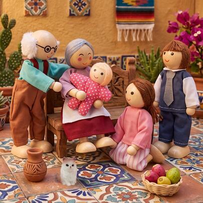 6Pcs Mini Wooden Doll Family Figures Set With White Cat Miniature, Pretend Play Toy Set & Room Decor Accent