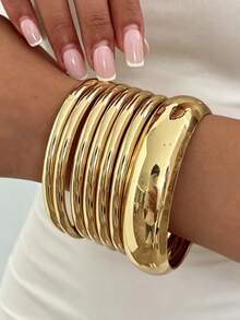 7 piezas de brazaletes de metal de hierro plano ancho, elegantes y vintage, adecuados para el uso diario de las mujeres, fiestas, vacaciones y diversas ocasiones, regalo - Dorado - Ver 2