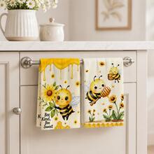 2pcs Bee & Honey Pattern Kitchen Towels, Sunflower & Honeycomb Print Hand Towels, Dish Cloths, Suitable For Kitchen, Dining Room And Spring/Summer Home Decor 4/6/8pcs Multi-Pack - Multicolor - View 2