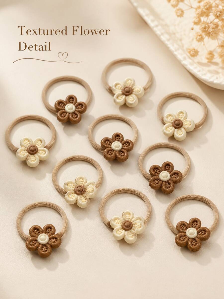 12pcs Coffee White Flower Girl Hair Ties, Hollow Flower Ponytail Hair ...