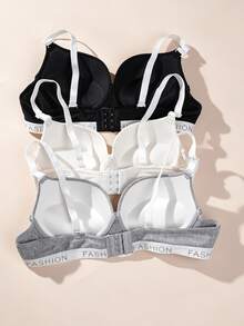 3pcs Women's Vertical Stripe Underwire Push-Up Bra, Letter Print Band, Adjustable Spaghetti Strap, Soft Basic Style To Conceal Side Boobs, Casual Everyday Lingerie - Multicolor - View 4