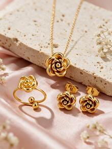 1 Set Minimalist Fashion Elegant Style Camellia Element Series Stainless Steel Women's Jewelry Set Suitable For Women's Daily Wear/Party/Evening/Commute/Holiday Gift - Yellow Gold - View 3