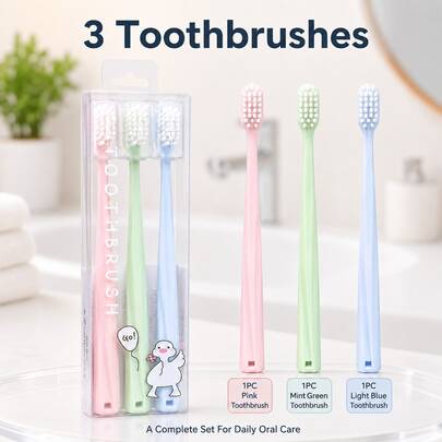 MONKIDS 3 Buah Sikat Gigi Dewasa - Bulu Nilon Lembut, Membersihkan Gigi Secara Mendalam, Gagang Ergonomis dengan Kawat Memori, Bebas Pewangi, Desain Kepala Penuh, Pembersihan dan Perawatan yang Lembut