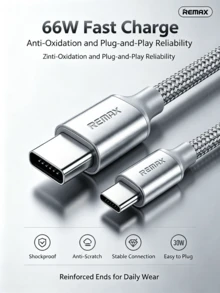 REMAX Kabel data Type-C dengan tampilan digital dan pengisian cepat 66W/3A, bodi kabel jalinan paduan seng, tampilan daya pengisian secara real-time, tahan lama dan tidak mudah kusut, kompatibel dengan kabel pengisian universal untuk ponsel, tablet, dan laptop. - Perak - View 1