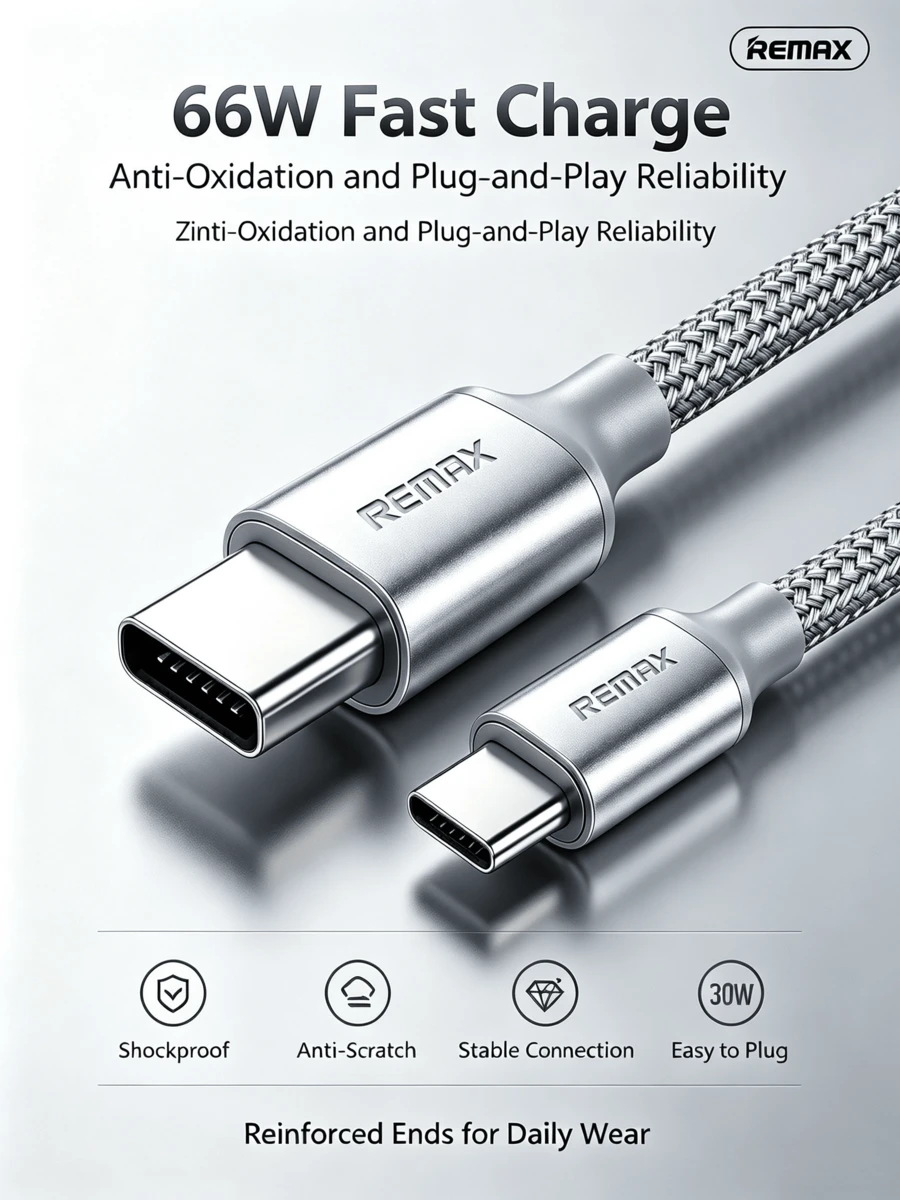 REMAX Kabel data Type-C dengan tampilan digital dan pengisian cepat 66W/3A, bodi kabel jalinan paduan seng, tampilan daya pengisian secara real-time, tahan lama dan tidak mudah kusut, kompatibel dengan kabel pengisian universal untuk ponsel, tablet, dan laptop. - Perak - View 1
