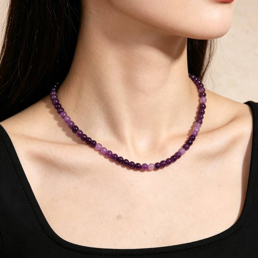 1pc Vintage Simple Natural Stone Tiger'S Eye Bead Necklace, Small Stone Choker, For Valentine'S Day, Daily Occasion, Gift-Giving Occasion - Purple - View 1