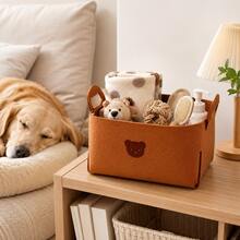 1/3pcs Felt Pet Storage Basket With Hollow Handle And Bear Pattern, Large Capacity Dog Toy Storage Bin, Can Store Leashes, Grooming Supplies, Blankets And Daily Essentials, Foldable Decorative Storage Bucket, Suitable For Bedroom, Living Room, Entryway, Perfect For Pet Owners - Burnt Orange - View 10