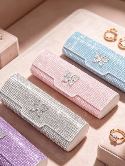 Estuche de gafas con mariposa de strass brillante para mujer, caja de almacenamiento de gafas de moda con carcasa dura resistente a la presión, caja de almacenamiento multifuncional para lápiz labial y cosméticos, soporte de gafas portátil y estético, adecuado para viajes, bodas, damas de honor, cumpleaños y regalos de vacaciones