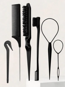 6件組粉色美髮造型工具組－鼠尾梳、髮刷、2件法式編髮工具，適用於編髮與DIY髮型，沙龍、美容旅行必備、返校、度假必備，女性髮飾旅行必備，髮型造型 - 黑色 - 查看 11
