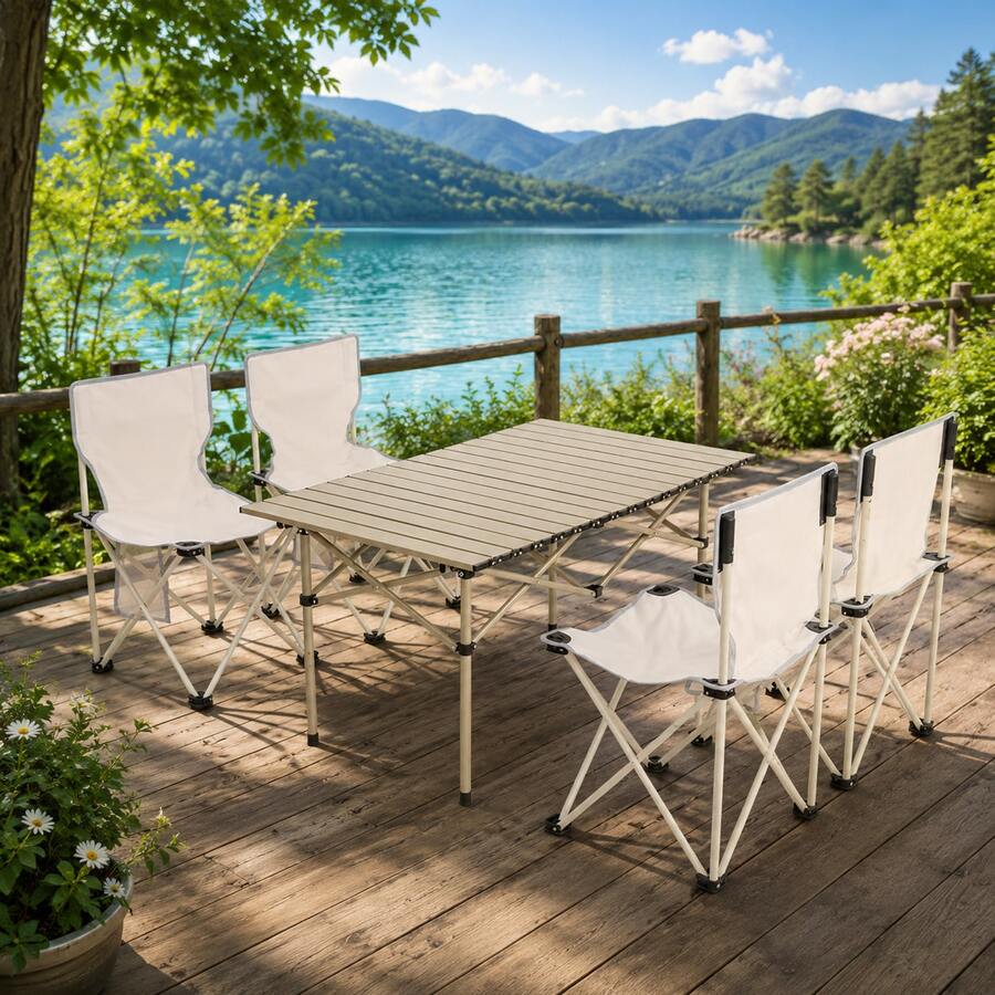 5-Piece Extra Large Foldable Outdoor Table And Chair Set, Portable For Camping, Picnic, Self-Driving Trips, Table Size: 120 * 52 * 50 CM - Beige - View 1