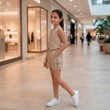 Conjunto Alfaiataria Infantil Menina Shorts e Colete Moda Infantil Dia das Crianças com Embalagem para Presente - Bege - Visão 8
