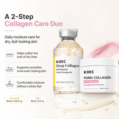 KOEC 2 pièces Ensemble de soins de la peau au collagène avec ampoule faciale de peptide de soie de collagène profond & gel de peptide de collagène PDRN, soins du visage quotidiens avec PDRN, collagène & peptides pour une hydratation profonde, raffermissement & élasticité, et éclat & lissage