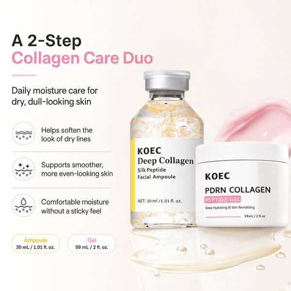 KOEC 2 pièces Ensemble de soins de la peau au collagène avec ampoule faciale de peptide de soie de collagène profond & gel de peptide de collagène PDRN, soins du visage quotidiens avec PDRN, collagène & peptides pour une hydratation profonde, raffermissement & élasticité, et éclat & lissage