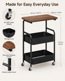 3-Tier Rolling Side Table With Tabletop & 2 Mesh Storage Baskets, Compact Mobile Utility Cart With 4 Caster Wheels For Sofa, Bedside, Office, Snacks & Makeup - View 7