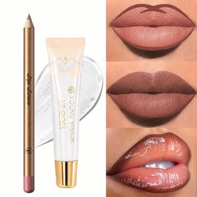 YOUNG VISION Transparent Moisturizing Lip Gloss & Matte Lip Liner Lip Combo Set: Lip Liner Defines Full Lip Shape, Moisturizing Lip Oil Creates Mirror-Like Plump Lips, Lip Makeup Set