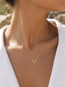 1pc Minimalist Luxury Stainless Steel Gold Hollow Butterfly Pendant Thin Chain Necklace, Suitable For Women Daily Wear, Party, Wedding And Festival Gift, Women's Gold Jewelry Accessory - Butterfly - View 3