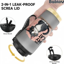1/5pcs 18oz Stainless Steel Coffee Tumbler, Matte Grey I LOVE MY CAT Fluffy Black White Cat Cute Print Travel Mug, Multi-Function Flip Straw Lid, Black COFFEE Lanyard Strap, Ideal Gift For Cat Lovers Pet Owners Girls, Suitable For Home Travel Office - Kitten - View 5