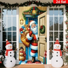 Cortina de puerta plana 2D de Papá Noel entregando regalos, diseño de Papá Noel de estilo de dibujos animados cargando una bolsa de regalos, combinada con muñeco de nieve, corona navideña y linterna, tono cálido, poliéster duradero, sin necesidad de energía, adecuada para decoración con tema navideño, se puede usar para decoración de pared interior/exterior, puerta/ventana, decoración de ambiente festivo, hogar, centro comercial, estudio, escenas al aire libre, material de poliéster, sin necesidad de energía - A - Ver 5