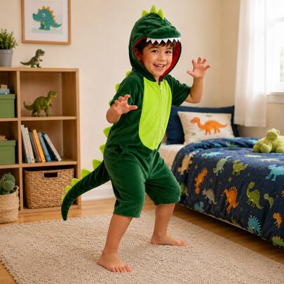 Fantasia Infantil Dinossauro Verde Menino Carnaval Festas Aniversário Pijama Tiranossauro Rex Macacão com Capuz e Cauda