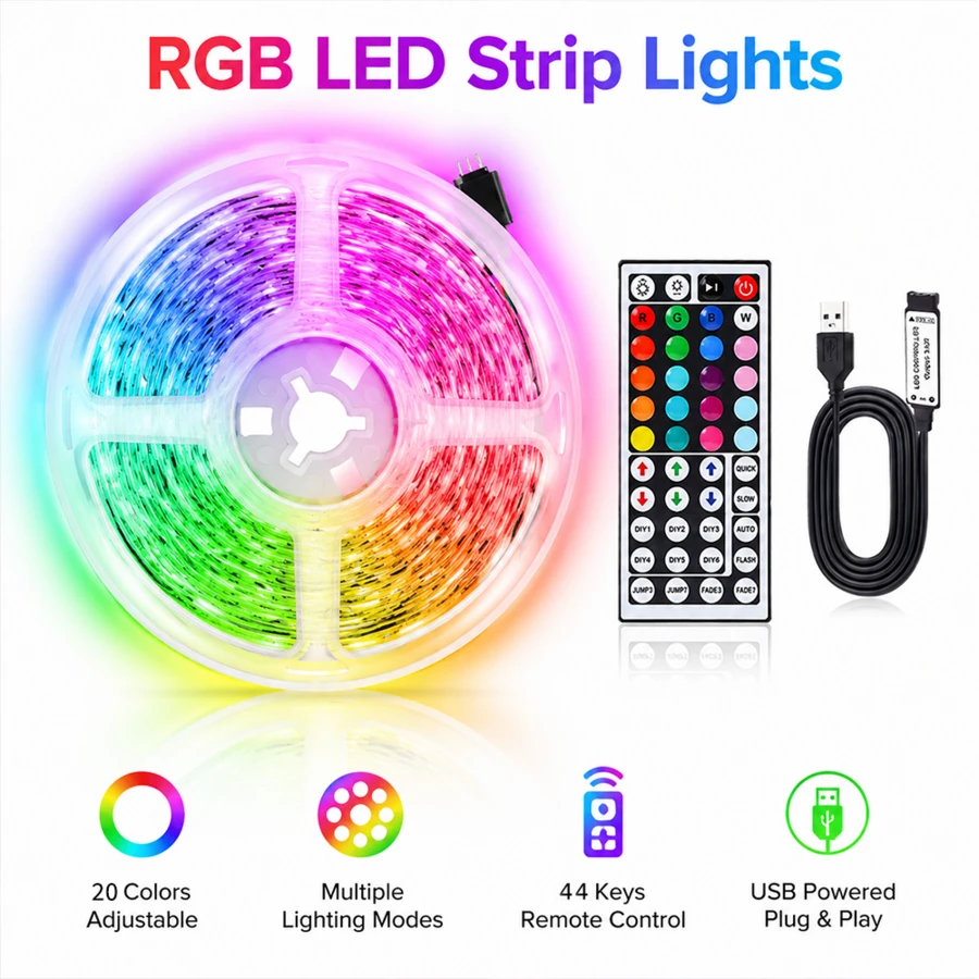Lampu Strip LED RGB 44 Tombol dengan Remote Kontrol USB, Dapat Diredupkan dan Mengubah Warna dengan Warna Kustom DIY, Pita LED Perekat untuk Dekorasi Rumah, Lampu Latar TV, Pencahayaan Ambient Kamar Tidur & Ruang Tamu - Strip LED 44k-3535 - View 1